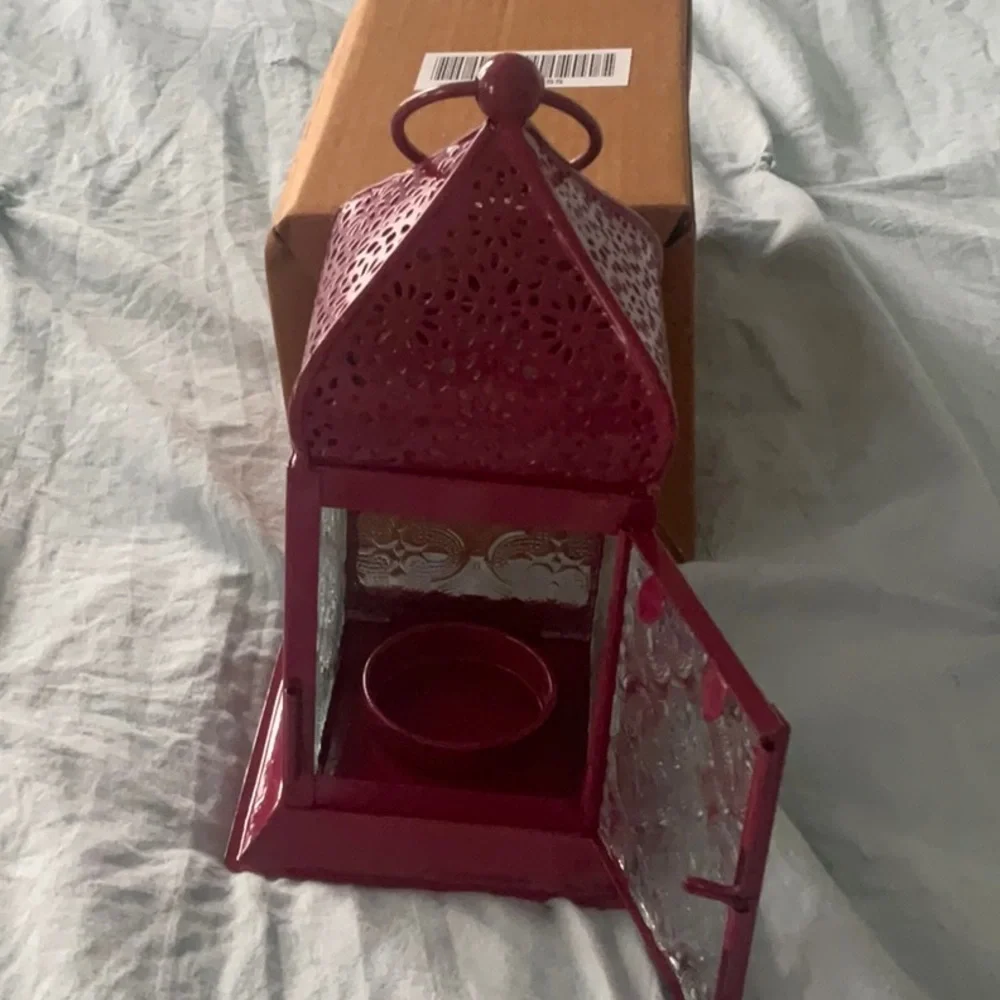 Decorative Deep Pink Metal & Glass Lantern Votive Holder Home Accents